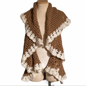 Handmade Crochet Circle Vest Brown with White Trim Boho